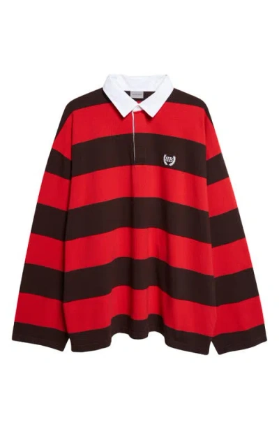 Balenciaga Laurel Embroidered Stripe Mixed Media Rugby Polo In Red