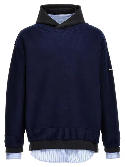 Balenciaga Cotton Layered Hoodie In Navy
