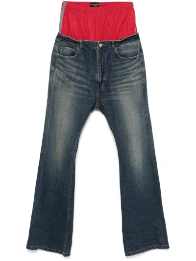 Balenciaga Straight Layered Jeans Boxer Detail In Blue