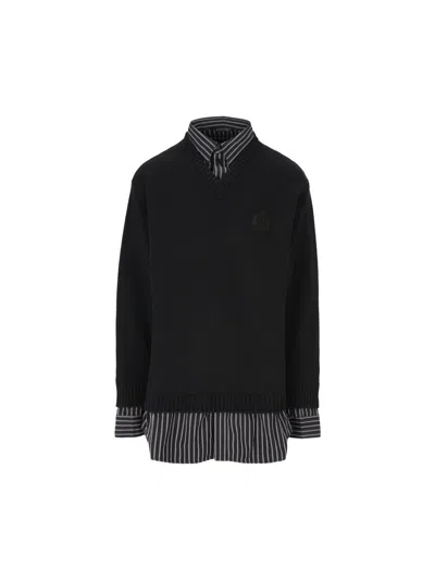 Balenciaga Layered Wool And Cotton Poplin Sweater In Black