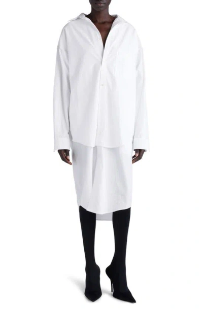 Balenciaga Layered Long Sleeve Cotton Poplin Shirtdress In White