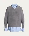 Balenciaga Oversize Layered Distressed Wool V-neck Sweater In Gris