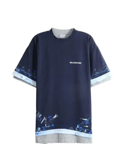 Balenciaga Paint Splatter Layered Logo T-shirt In Blue