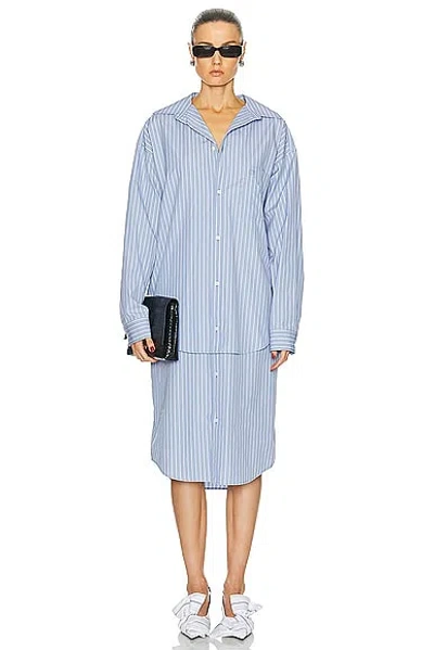 Balenciaga Layered Shirt Dress In Sky Blue & White