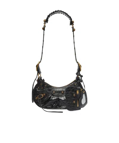 Balenciaga Le Cagole Crocodile-embossed Shoulder Bag In Black
