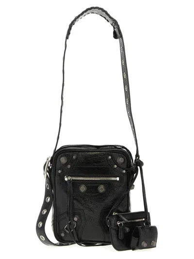 BALENCIAGA BLACK LEATHER LE CAGOLE MEN CROSSBODY BAG