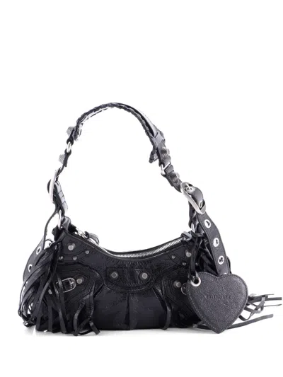 Pre-owned Balenciaga Le Cagole Giant Studs Fringe Shoulder Bag Leather Xs Hobo Bag In Black