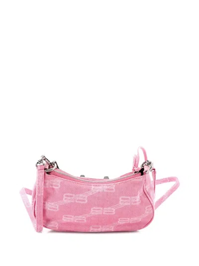 Pre-owned Balenciaga Le Cagole Giant Studs Shoulder Bag Bb Monogram Denim Mini Hobo Bag In Pink