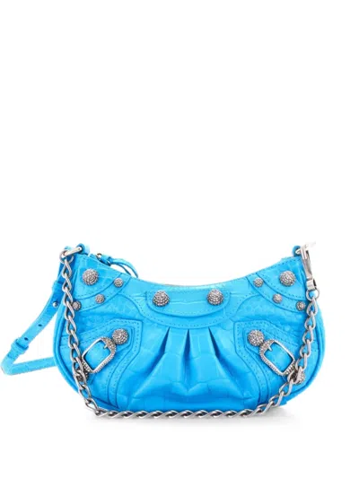 Pre-owned Balenciaga Le Cagole Giant Studs Shoulder Bag Leather With Crystals Mini Crossbody Bag In Blue
