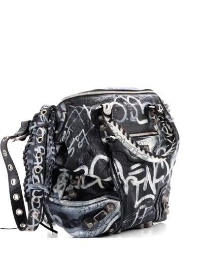 Pre-owned Balenciaga Le Cagole Graffiti Men Leather Medium Tote Bag In Black
