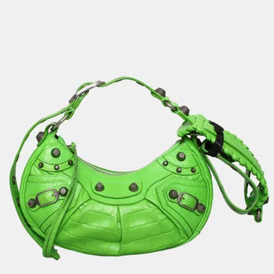 Pre-owned Balenciaga Le Cagole Green Croc Embossed Leather Xs Shoulder Bag