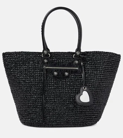 Balenciaga Le Cagole Nylon Raffia Tote In Black
