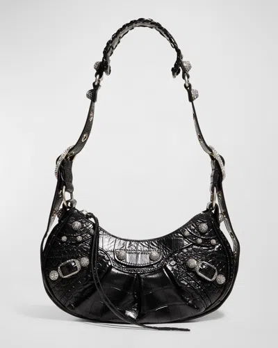 Balenciaga Le Cagole Xs Croc-embossed Shoulder Bag In 1000 Black