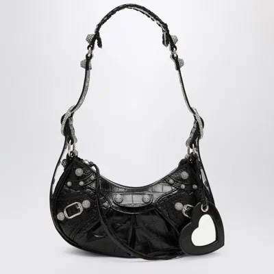 Balenciaga Le Cagole Xs Black Crocodile-effect Mini Bag With Rhinestones