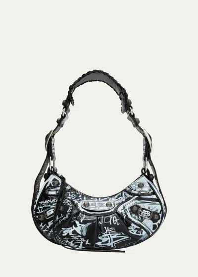 Balenciaga Le Cagole Xs Graffiti Lambskin Shoulder Bag In Black