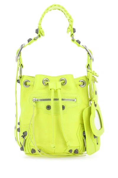 Balenciaga Le Cagole Xs Mini Bucket Handbag In Antiqued Silver Hardware In Yellow