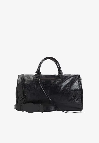 Balenciaga Le City Boston Duffle Bag In Crinkled Leather In Black