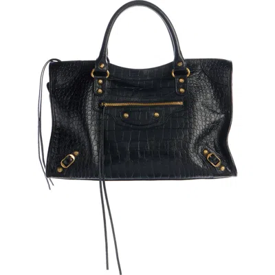 Balenciaga Le City Croc Embossed Leather Satchel In Black