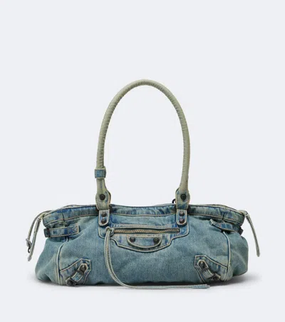 Balenciaga Le City East-west Denim Shoulder Bag In Blue