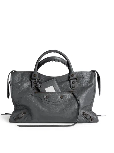 Balenciaga Le City Medium Bag In Arena Lambskin In Volcanic Stone With Brass Finishes In Grey