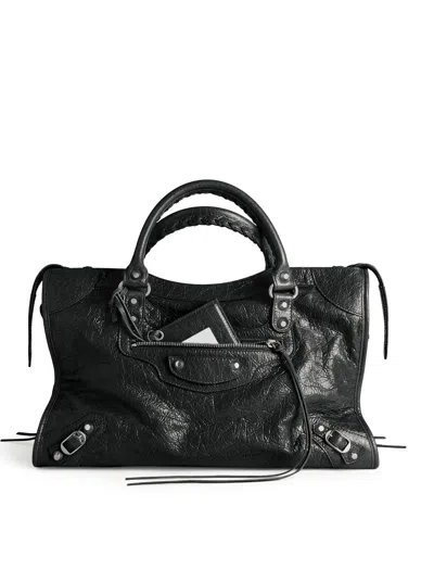 Balenciaga Le City Medium Bag In Arena Lambskin With Polished Silver Metal Details In Black