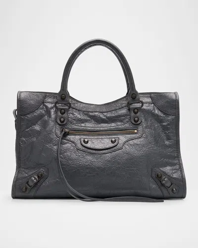 Balenciaga Le City Medium Crinkled Leather Top-handle Bag In 1251 Volcanic Rock
