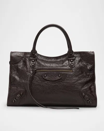 Balenciaga Le City Medium Crinkled Leather Top-handle Bag In 2221 Espresso