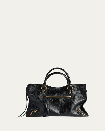 Balenciaga Le City Medium Croc-embossed Leather Crossbody Bag In Black