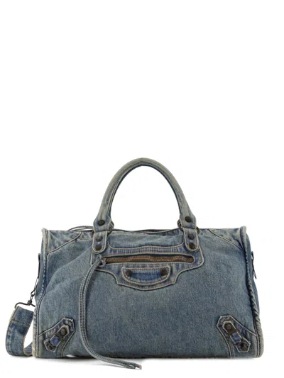 Balenciaga Le City Medium Denim Shoulder Bag In Blue