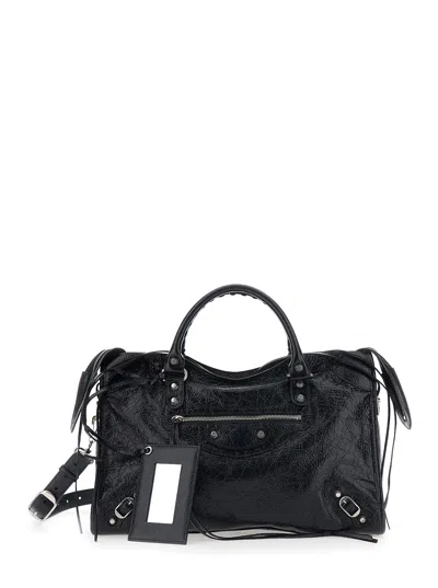 Balenciaga Le City Medium Bag In Arena Lambskin With Polished Silver Metal Details In Black