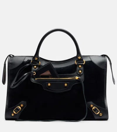 Balenciaga Le City Medium Leather-trimmed Suede Tote Bag In Black