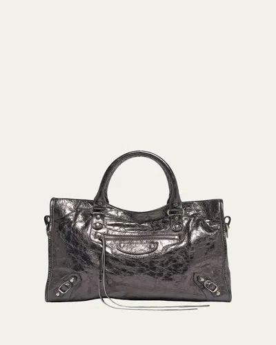 Balenciaga Le City Medium Metallic Leather Tote Bag In Steel Grey