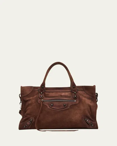 Balenciaga Le City Medium Suede Shoulder Bag In Brown
