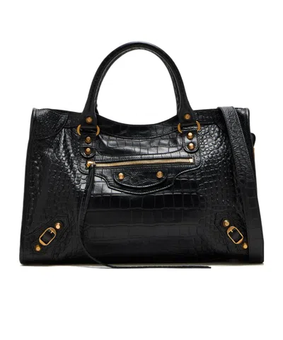BALENCIAGA MEDIUM LE CITY CROCODILE-EMBOSSED TOP-HANDLE TOTE BAG