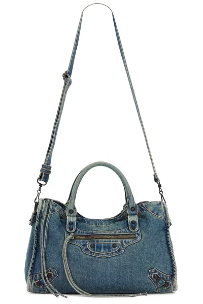Balenciaga Le City Medium Washed Denim Bag In Blue