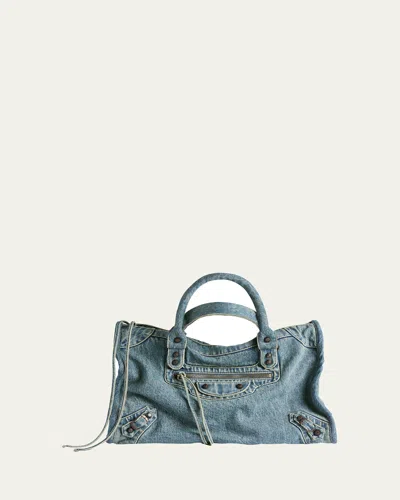 Balenciaga Le City Medium Washed Denim Shoulder Bag
