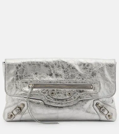 Balenciaga Le City Metallic Leather Clutch In Silver