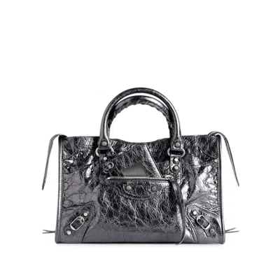 Balenciaga Le City Small Bag In Arena Metallic Lambskin With Polished Silver Finishes In Gray