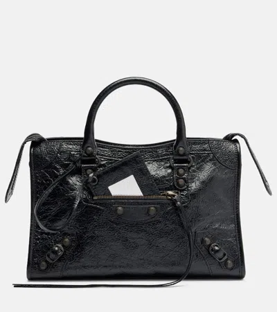 Balenciaga Small Le City Crinkle Leather Top Handle Bag In Black