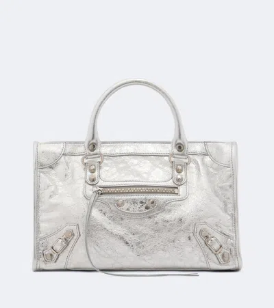 Balenciaga Le City Small Metallic Leather Top-handle Bag In Silver