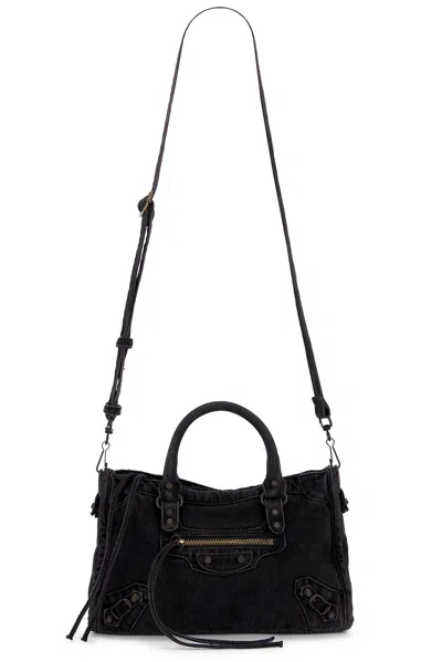 Balenciaga Le City Small Washed Denim Bag In Black