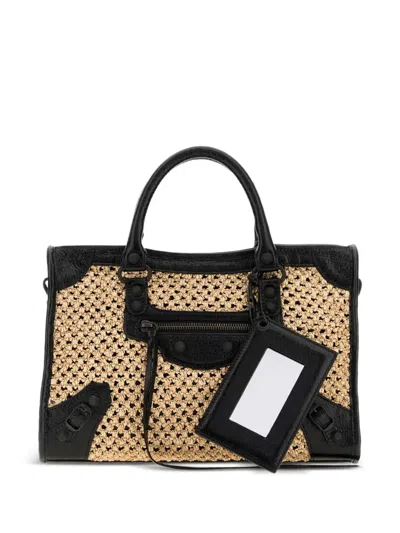 Balenciaga Two-tone Raffia And Leather Small Le City Handbag In Pattern