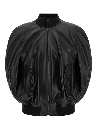 Balenciaga Leather Bomber Jacket In Black
