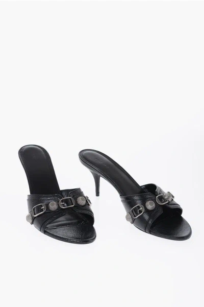 Balenciaga Leather Cagole Mules With Buckle Detail Heel 7 Cm In Black
