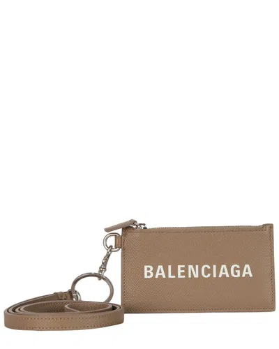 Balenciaga Leather Cash Coin & Card Case With Strap In Brown
