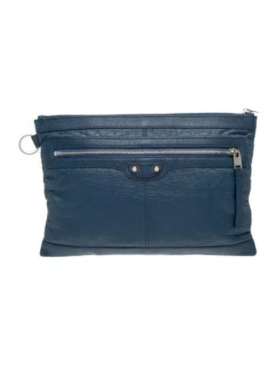 Pre-owned Balenciaga Leather Classic Clip L Clutch Medium In Blue