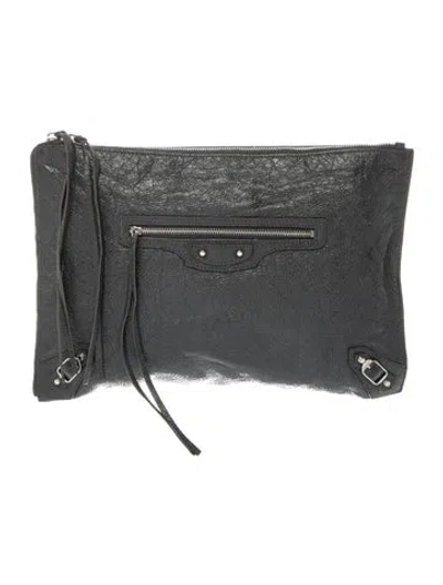 Pre-owned Balenciaga Leather Clutch In Gray