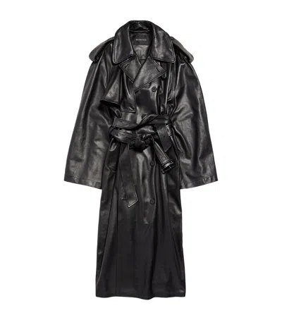 Balenciaga Leather Double-belt Trench Coat In Black