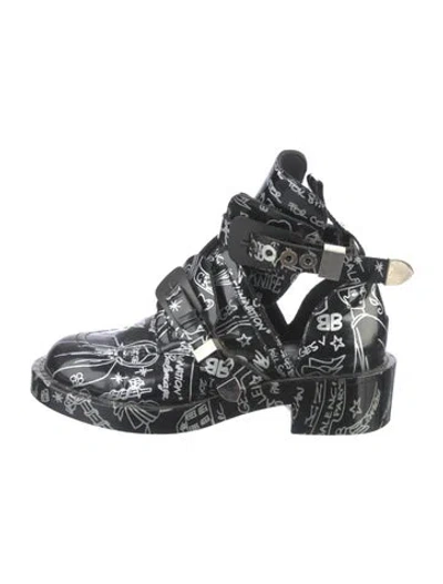 Pre-owned Balenciaga Leather Graphic Print Combat Boots In Black