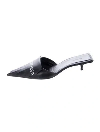 Pre-owned Balenciaga Leather Graphic Print Mules In Black